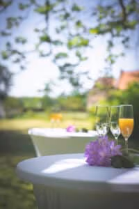 Firmeneventlocation 20 Drei Sektgläser und eine lila Blume auf einem weißen Tisch – perfekt für Firmenevents in Münster Umgebung.