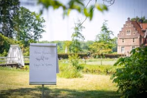 Firmeneventlocation 7 Ein Flipchart steht auf einer Wiese neben einem Kanal – perfekt für Inspirationen zur Freien Trauung oder als Eventlocation.