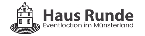 Haus Runde-Logo mit Text Hochzeitslocation und Eventlocation im Münsterland durch ein schwarzes Quadrat.